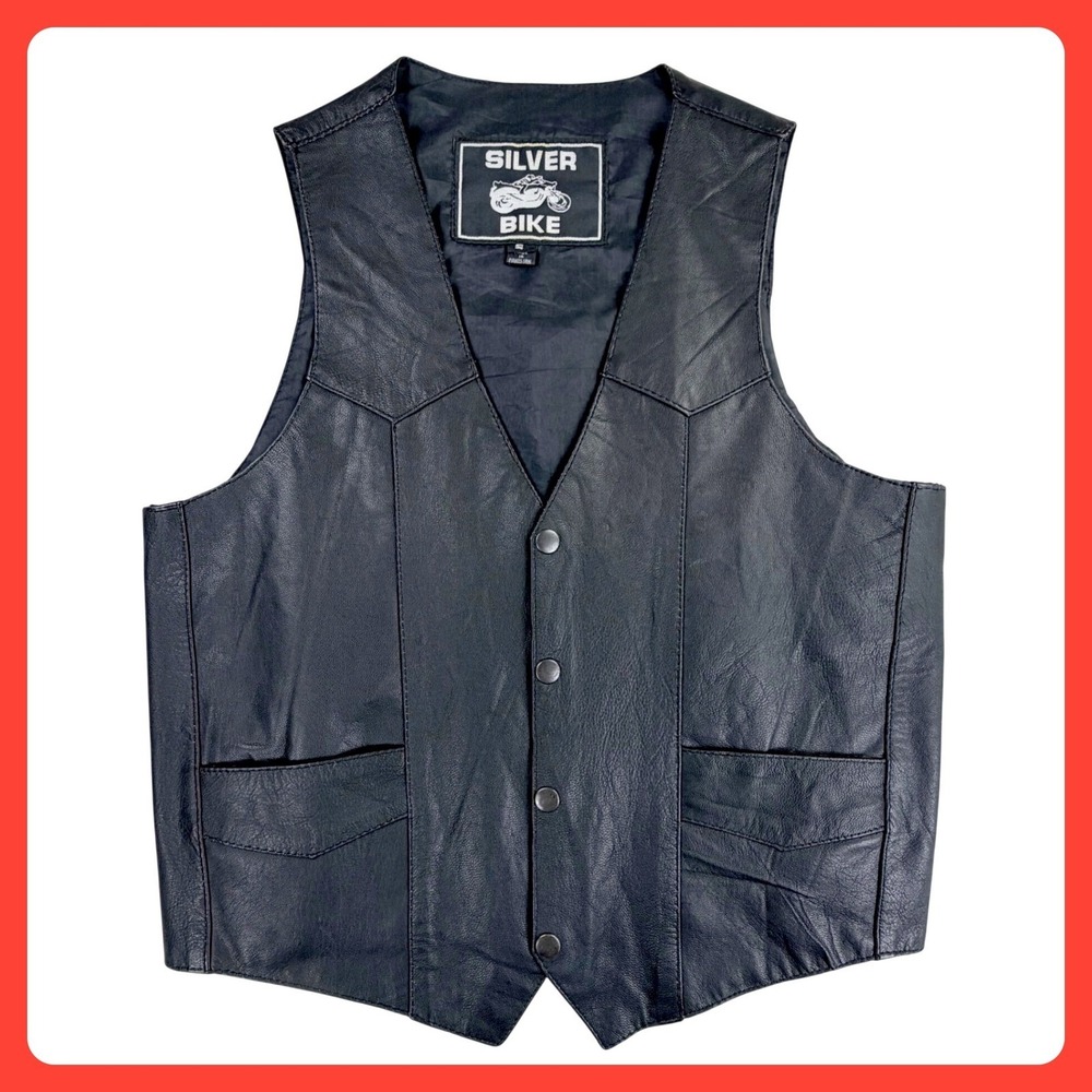 Silver Bike Motorcycle Vest Men Small Black  Leather Western Snap Front Biker